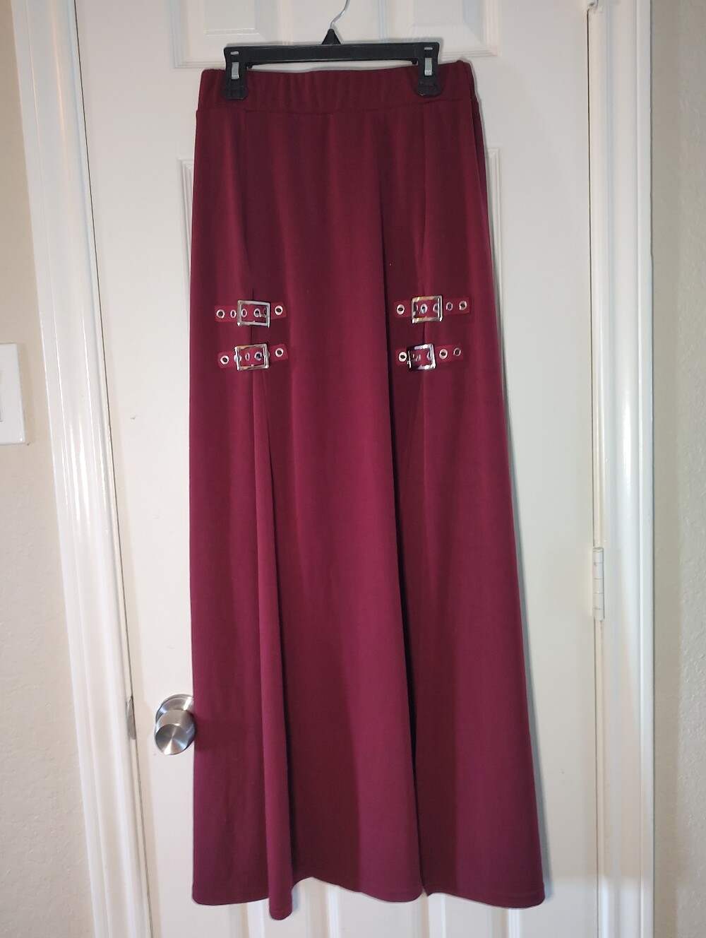 Retro Y2K Burgundy Double FrontSplit Buckle Maxi Skirt Open Leg Goth Size Medium